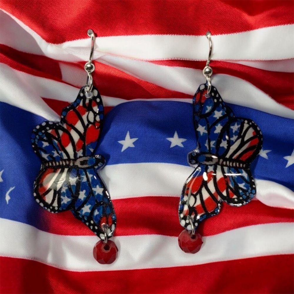 Red white and blue flag patriotic butterflies hand-painted OOAK 4th of July